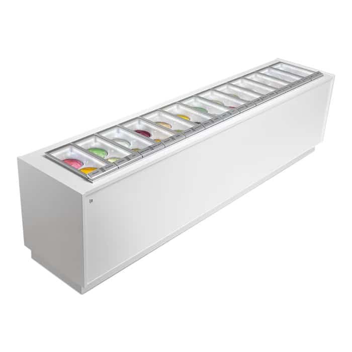 Vitrine à glace design avec vitrages panoramiques et finition inox pour glacier premium
